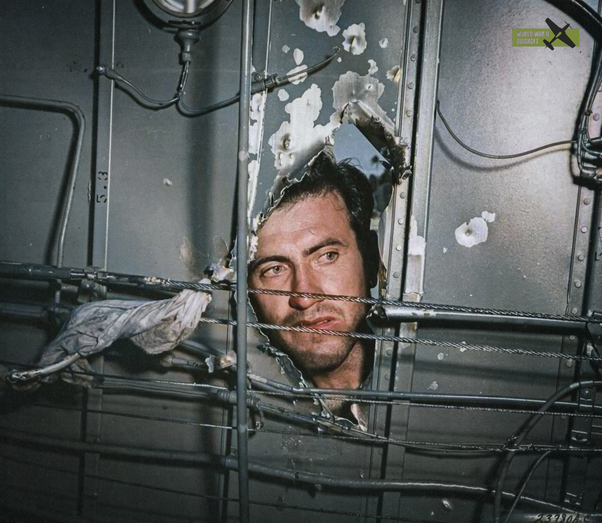 1Lt Louis Zamperini, bombardier of this B-24D Liberator 'Superman' peering through a hole in t...jpg