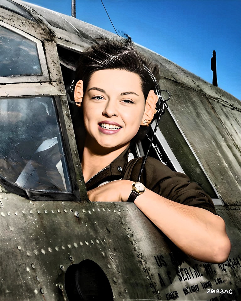 22 yo WASP pilot Elizabeth L. Remba Gardner at the controls of a B-26 bomber at Harlingen Army...jpg