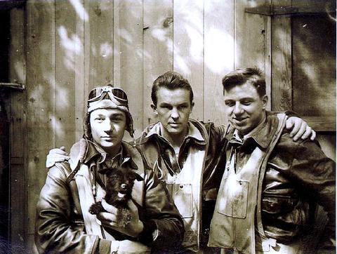 7thAAF_11thBG_Al Marston, Herman Scearce, and Jack Yankus. The dog's name is lost to time..jpg