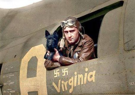 Captain James A. Verinis, co-pilot of B17 41-24485 'Memphis Belle'  with stuka his pet dog.jpg