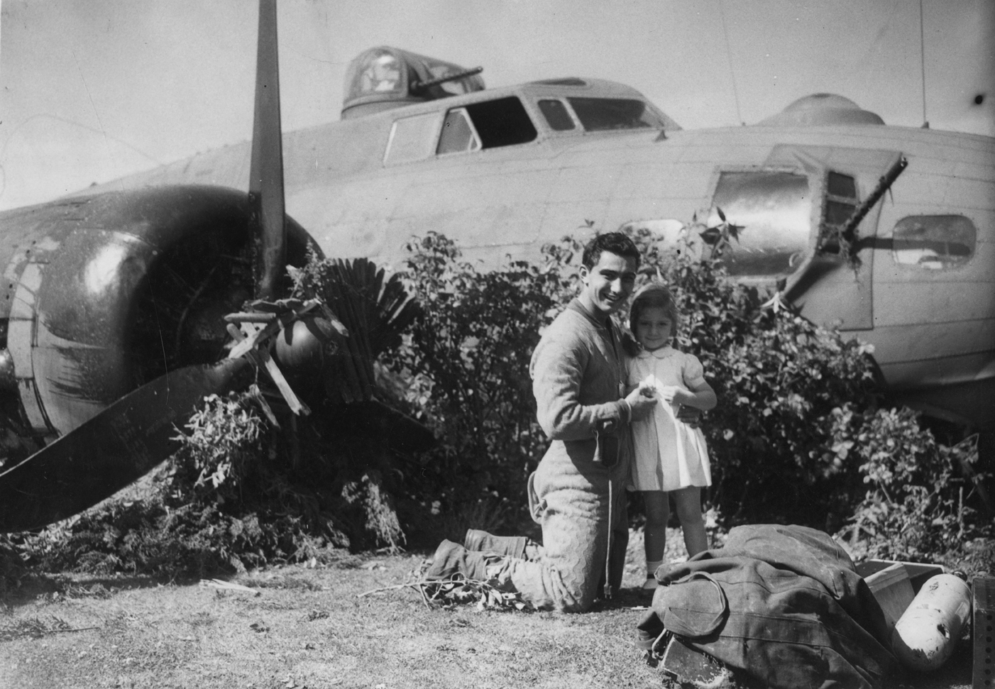 Lieutenant Masoni of the 379th Bomb Group with Barbara Deane after crash landing his B-17.jpg