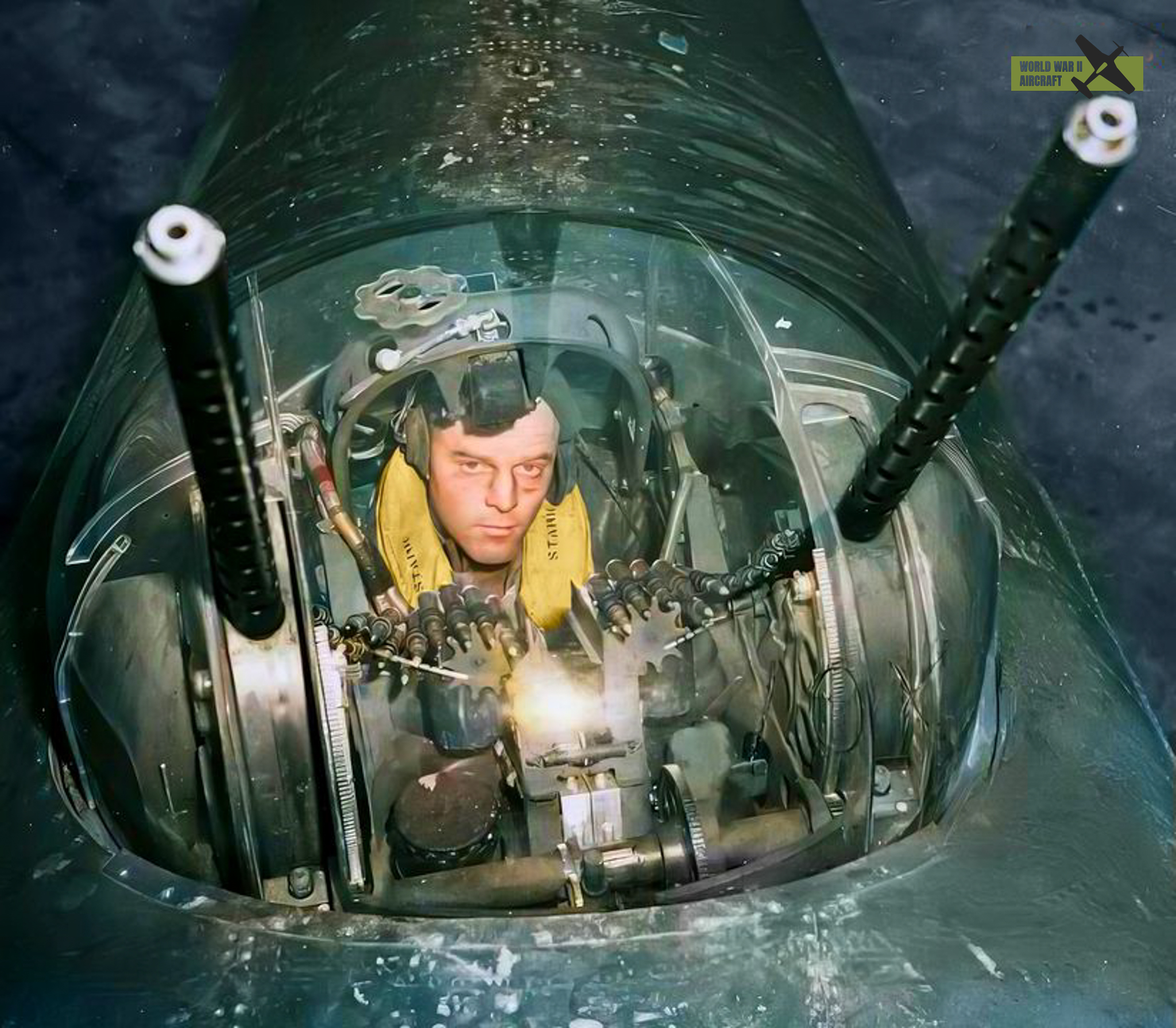 Sergeant Stark of the 322nd Bomb Group in the top turret gun position of a B-26 Marauder,.jpg