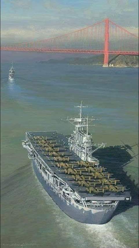 The USS Hornet leaving San Franciso Bay with the US Army air corps bombers on her deck. Doolit...jpg