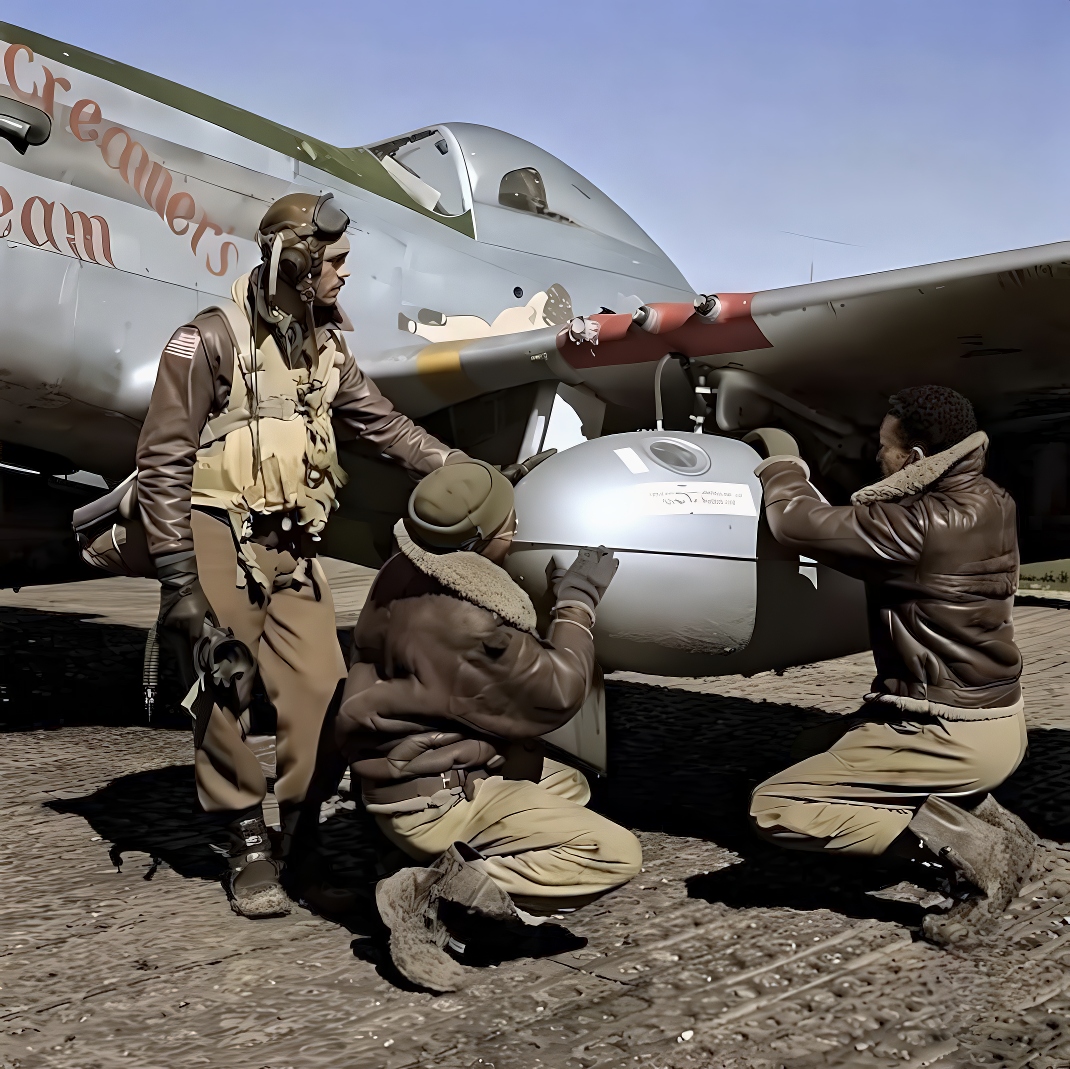 Tuskegee Airman pilot and crew inspect a drop tank on a P-51D of 332nd AAFFG based in Ramitell...jpg