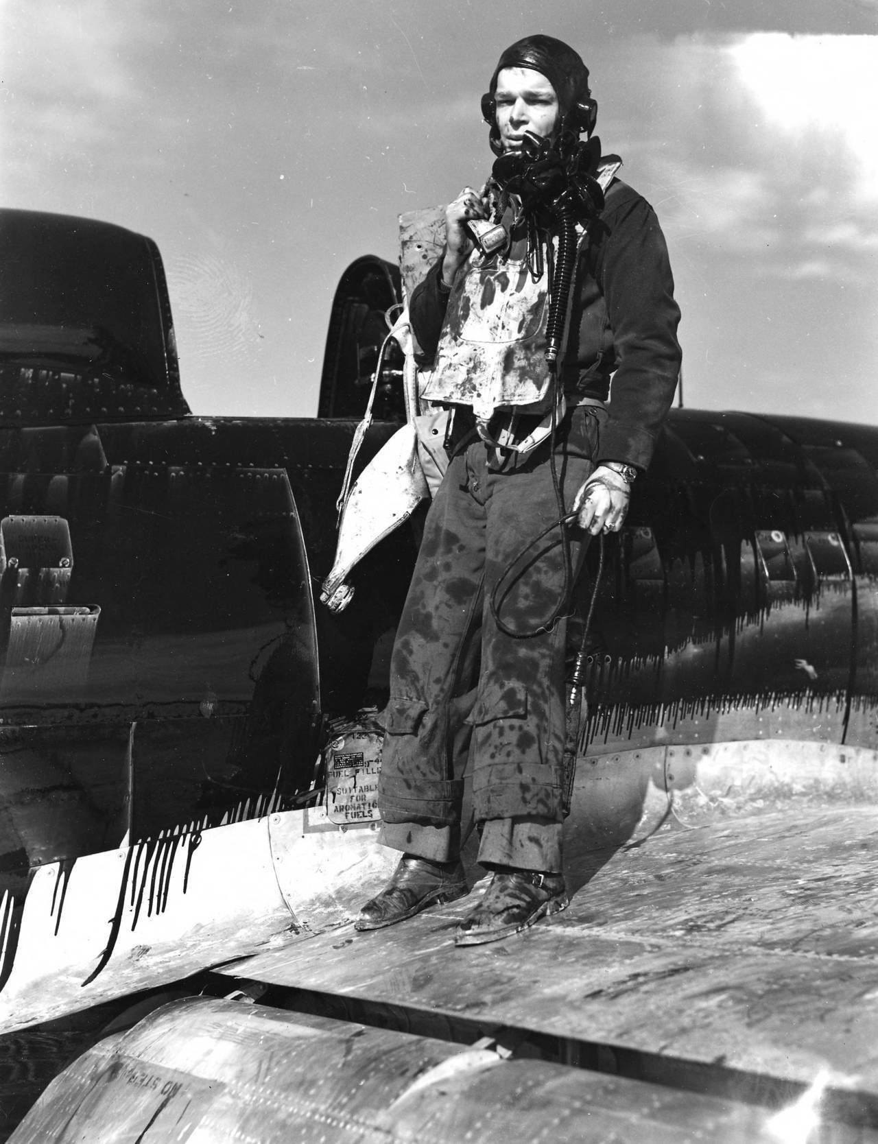 was hit by flak over Italy, cutting an oil line. The oil rapidly leaked out of the engine and ...jpg