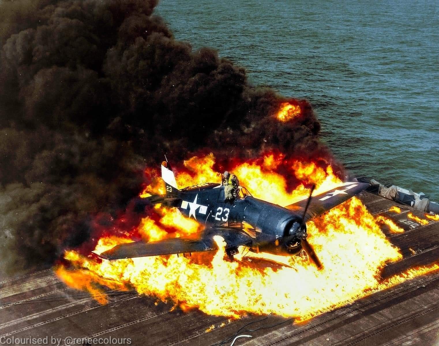 yves escaping his burning  Hellcat uss lexington.jpg